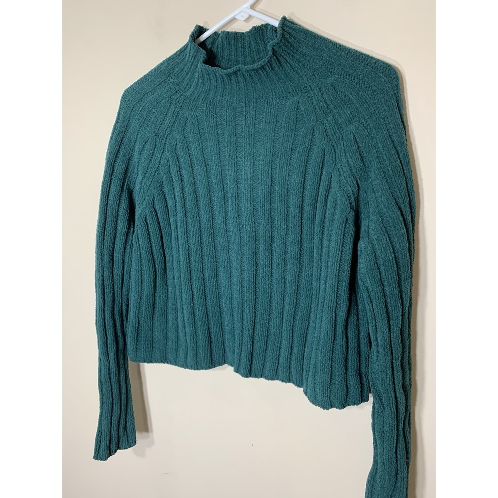 American Eagle Chenille Cropped Sweater Womens M Green Ribbed Pullover 90s‎
